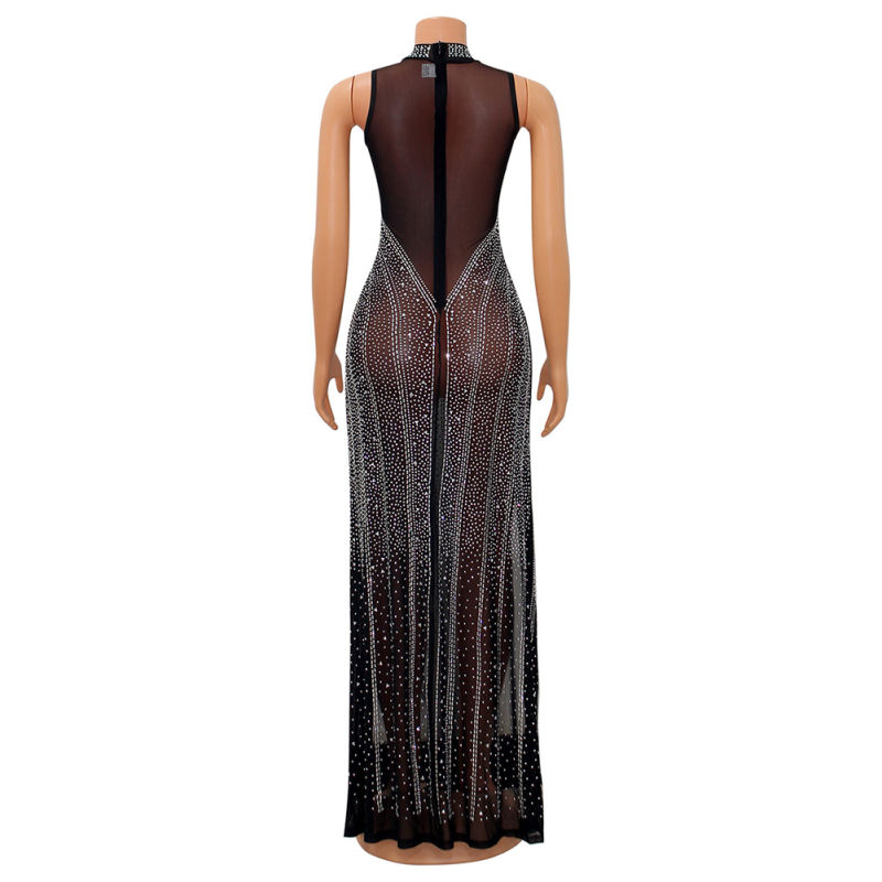 Black Rhinestones Mesh Stand Neck Party Dress  TQK311258-2