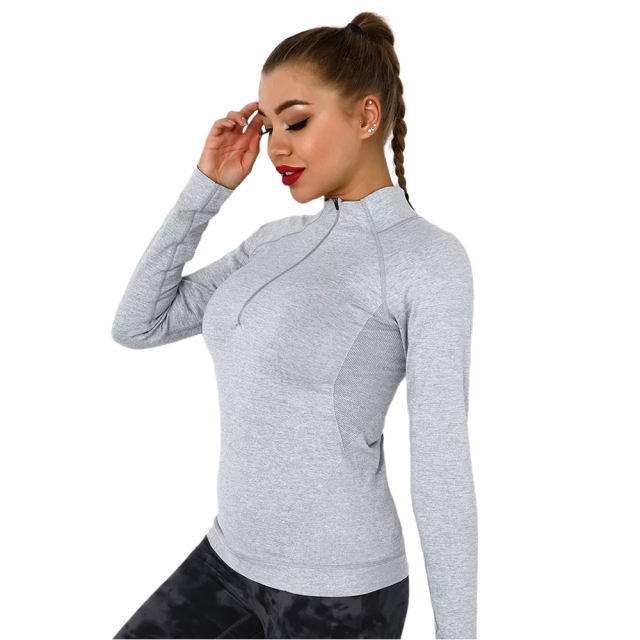 Light Gray Quick Dry Zipper Knit Tight Yoga Tops TQE91363-112