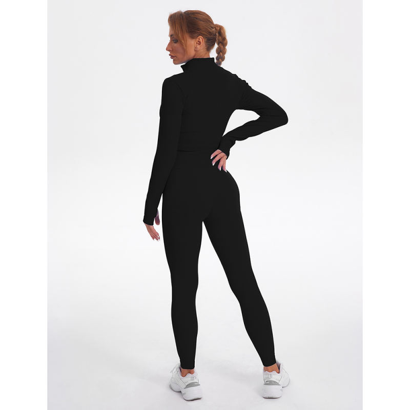 Black Seamless Stand Collar Jacket with Pant Yoga Set TQK710415-2