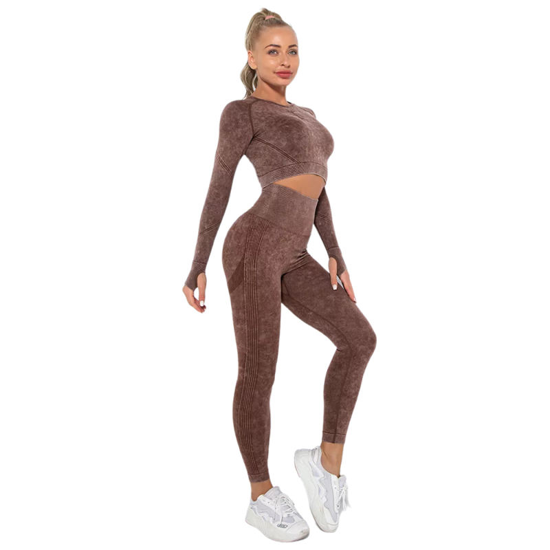 Coffee Nylon Seamless Long Sleeve Pant Yoga Set TQE91361-15