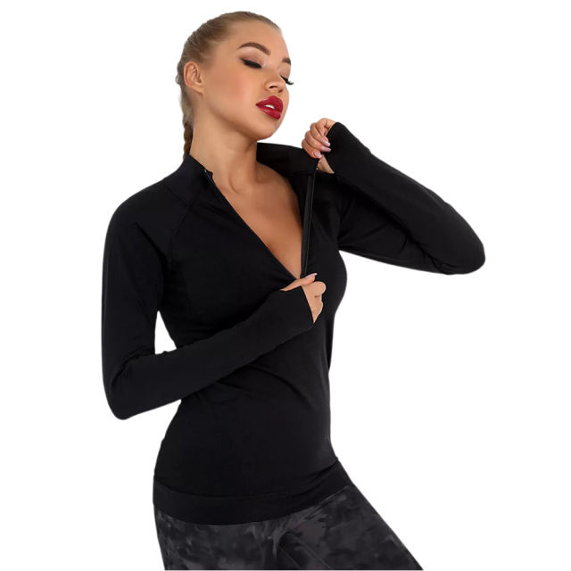 Black Quick Dry Zipper Knit Tight Yoga Tops TQE91363-2