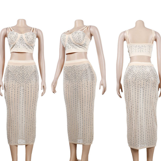Apricot Rhinestone Studded Bra with Skirt Set TQK710459-18