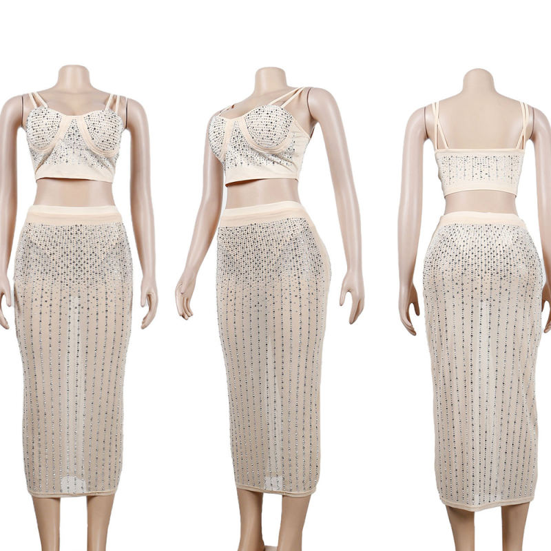 Apricot Rhinestone Studded Bra with Skirt Set TQK710459-18