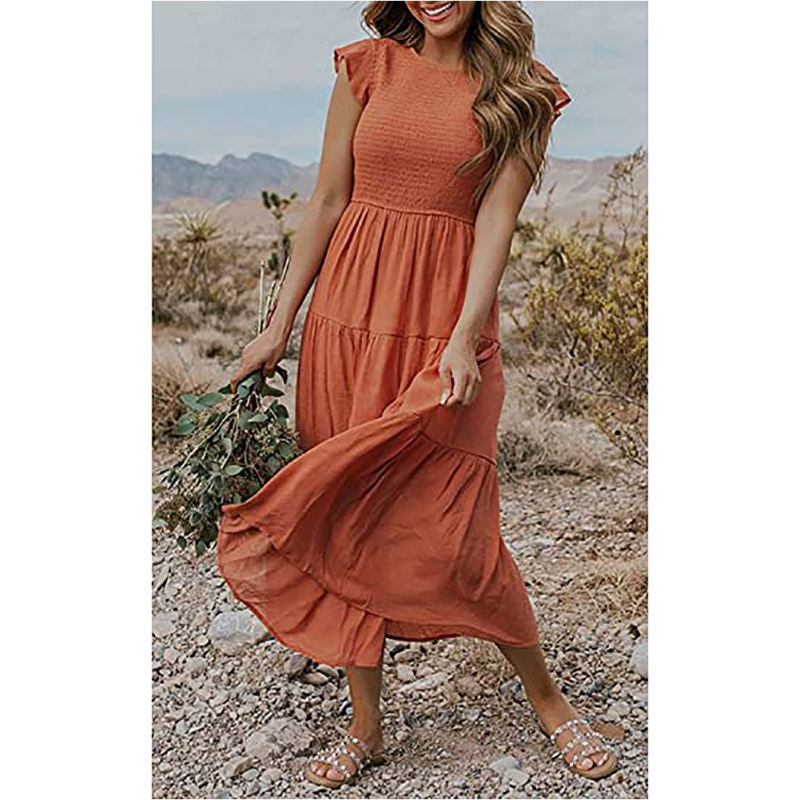 Orange Ruffled Sleeve Pleated Layered Casual Dress TQV310008-14