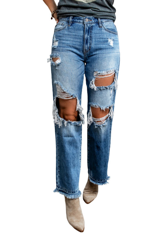Sky Blue Distressed Holes Hollow-out Boyfriend Jeans LC783885-4