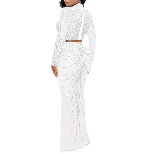 White Rhinestones Long Sleeve Crop with Maxi Skirt Set TQV810029-1