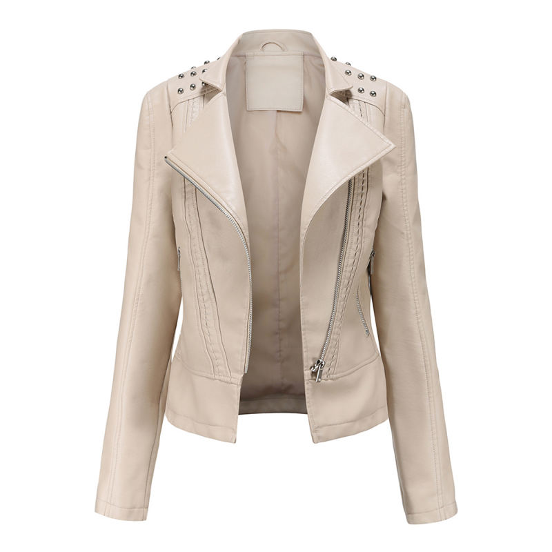 Beige Rivet Decoration Turndown Collar PU Leather Jacket TQK280137-46
