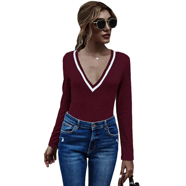 Wine Red Cotton Blend V Neck Bodysuit TQK550198-103