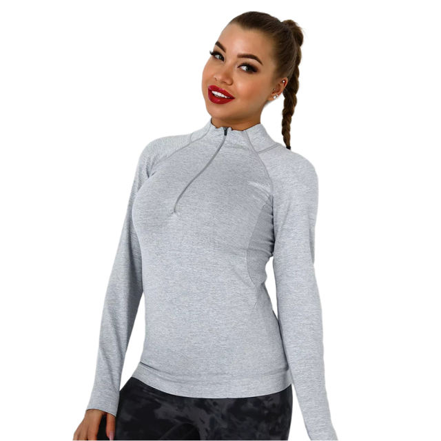 Light Gray Quick Dry Zipper Knit Tight Yoga Tops TQE91363-112