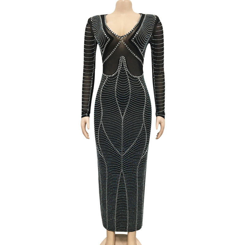 Black Padded Shoulder V Neck Rhinestones Mesh Maxi Dress TQK311225-2