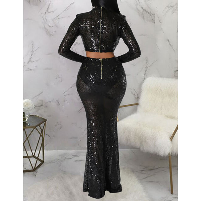 Black Sequined Crop Top with Fishtail Skirt Set TQV810034-2
