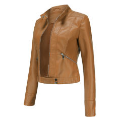 Camel PU Stand Collar Short Leather Jacket TQK280124-58