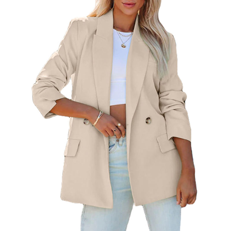 Ruched Open Front Long Sleeves Apricot Blazer