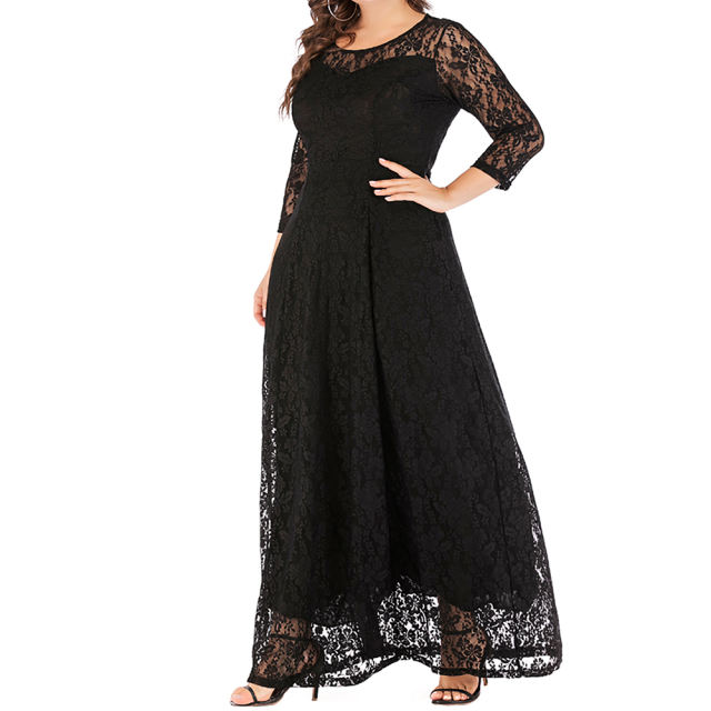 Black 3/4 Sleeve Crew Neck Lace Plus Size Dress TQK310977-2