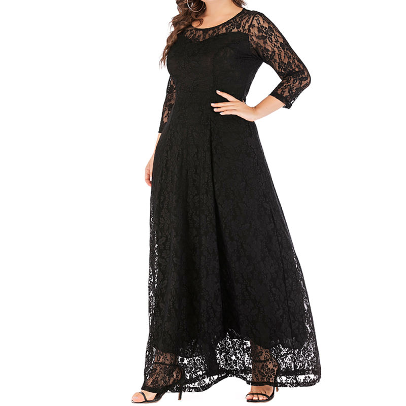 Black 3/4 Sleeve Crew Neck Lace Plus Size Dress TQK310977-2