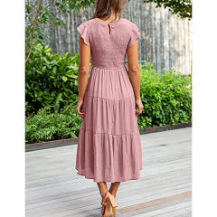 Pink Ruffled Sleeve Pleated Layered Casual Dress TQV310008-10