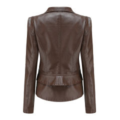Coffee Removable Hem Leather PU Leather Jacket TQK280125-15