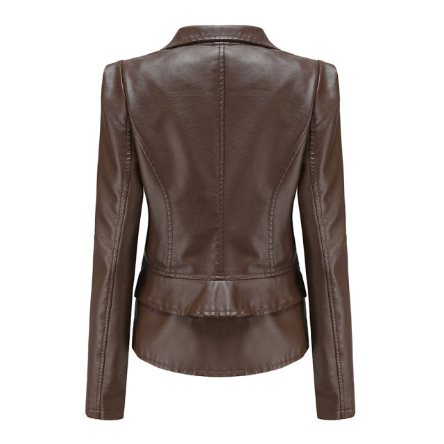 Coffee Removable Hem Leather PU Leather Jacket TQK280125-15