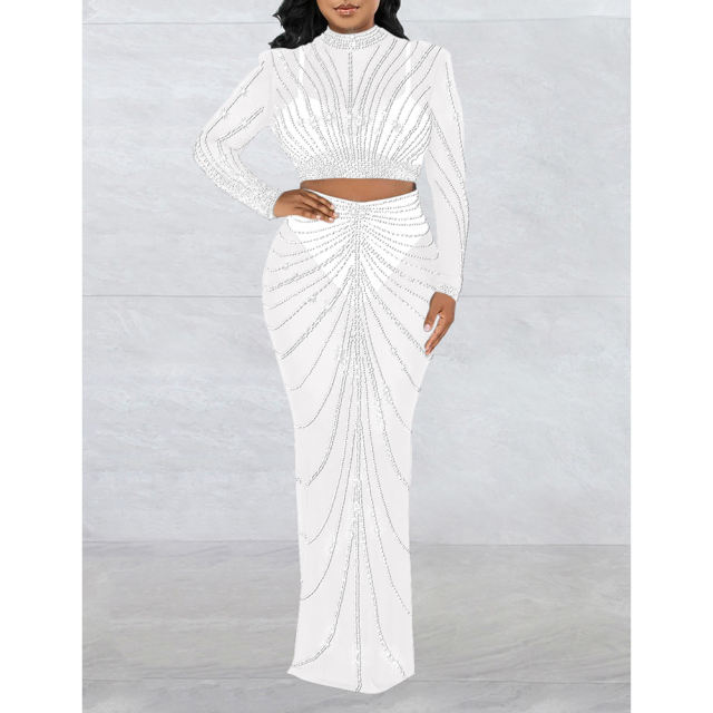 White Rhinestones Long Sleeve Crop with Maxi Skirt Set TQV810029-1