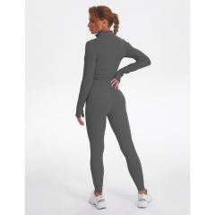 Gray Seamless Stand Collar Jacket with Pant Yoga Set TQK710415-11