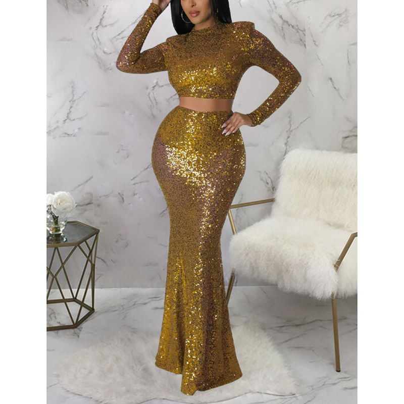 Gold Sequined Crop Top with Fishtail Skirt Set TQV810034-12