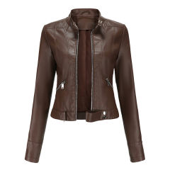 Coffee PU Stand Collar Short Leather Jacket TQK280124-15
