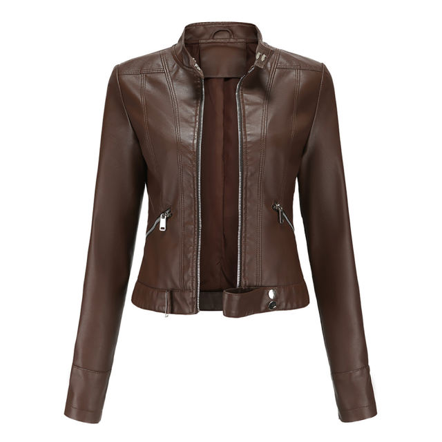 Coffee PU Stand Collar Short Leather Jacket TQK280124-15