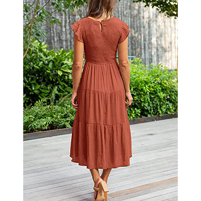 Orange Ruffled Sleeve Pleated Layered Casual Dress TQV310008-14