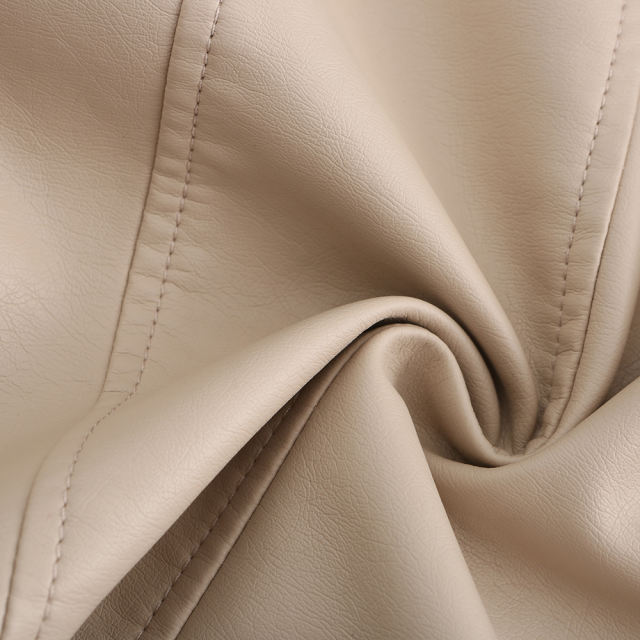 Beige Rivet Decoration Turndown Collar PU Leather Jacket TQK280137-46