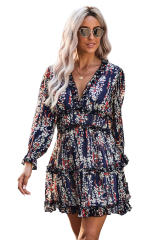Blue Ruffle Detailing Open Back Floral Dress LC220829-5