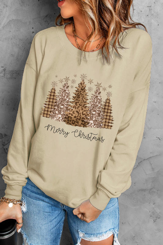 Khaki Merry Christmas Leopard Tree Print Graphic Sweatshirt LC25313736-16