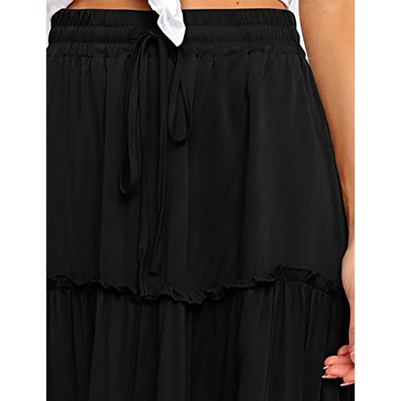 Black High Waist A-line Drawstring Maxi Skirt TQK360049-2