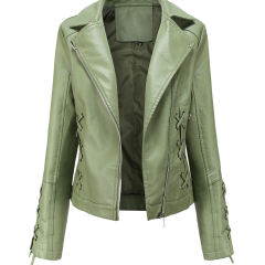 Light Green Zipper &amp; Bandage PU Leather Jacket TQK280142-28