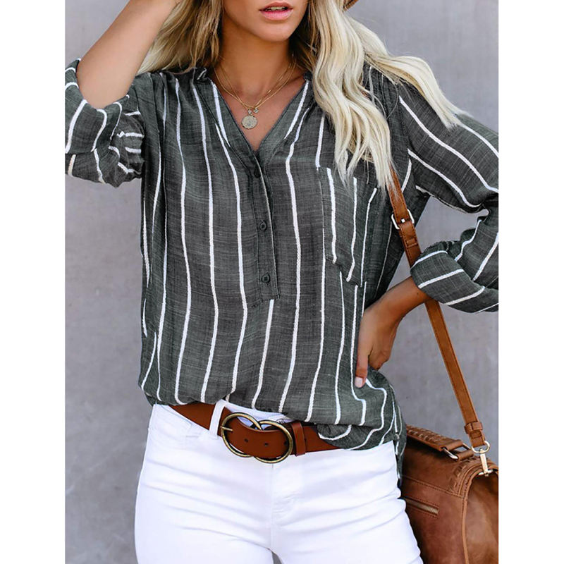 Gray Button Down Striped Shirt with Pocket TQV220037-11