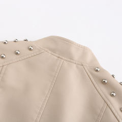 Beige Rivet Decoration Turndown Collar PU Leather Jacket TQK280137-46