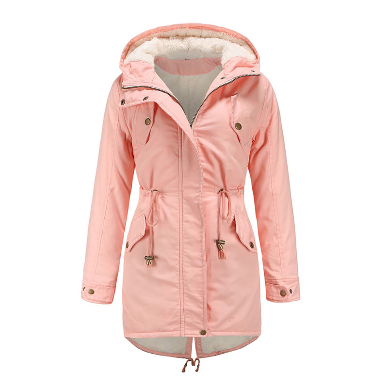 Pink Waist Drawstring Plush Hooded Thick Parka Coat TQK280127-10