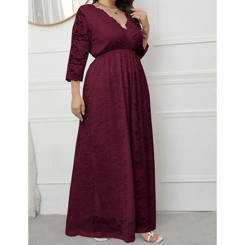 Burgundy V-Neck Lace Plus Size Dress TQK310997-23