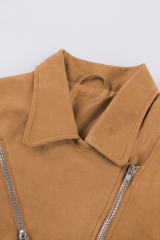 Brown Zipped Notch Collar Short Jacket LC85294-17