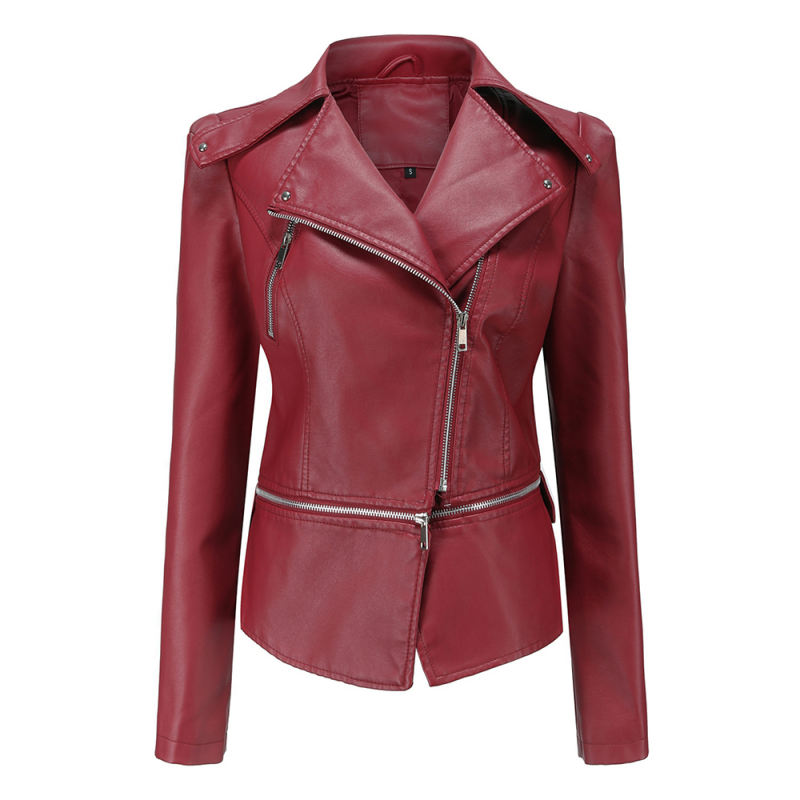 Wine Red Removable Hem Leather PU Leather Jacket TQK280125-23