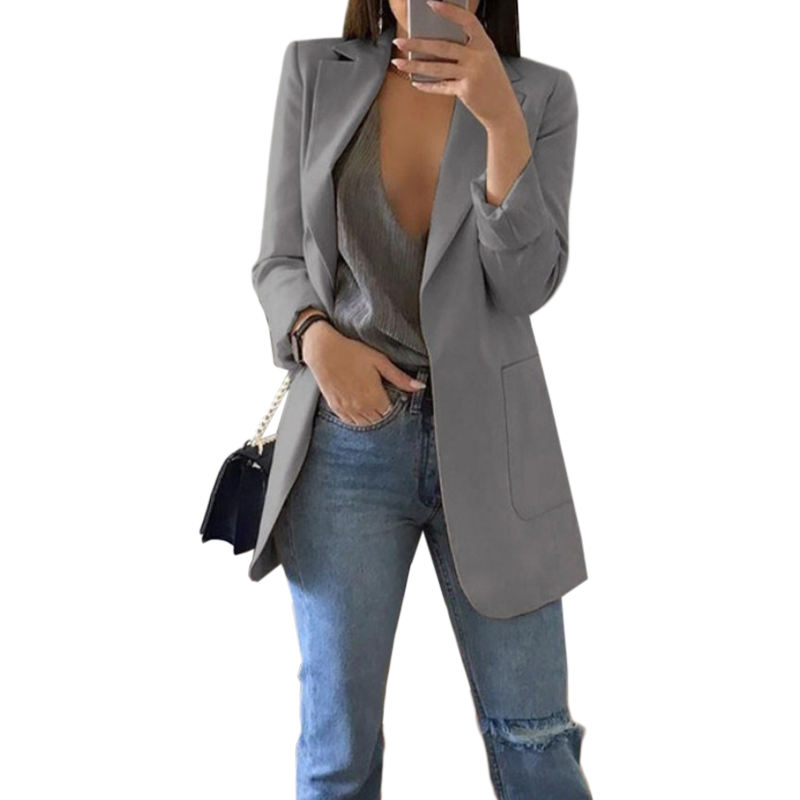 Gray Turndown Collar Blazer With Pockets TQK260012-11