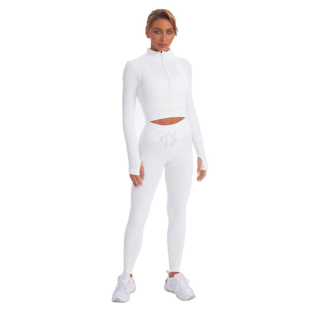 White Seamless Stand Collar Jacket with Pant Yoga Set TQK710415-1