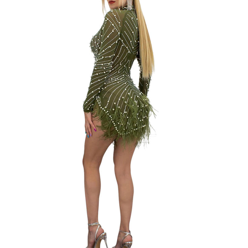 Army Green Rhinestone Beaded Feathers Hem Sheer Mesh Bodycon Dress TQK311310-27