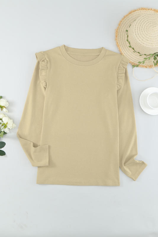 Khaki Ruffle Slim-fit Long Sleeve Top LC25111784-16