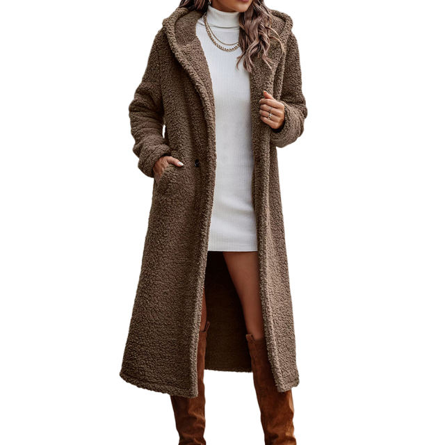 Khaki Open Front Long Sleeve Hooded Fleece Coat TQK280217-21