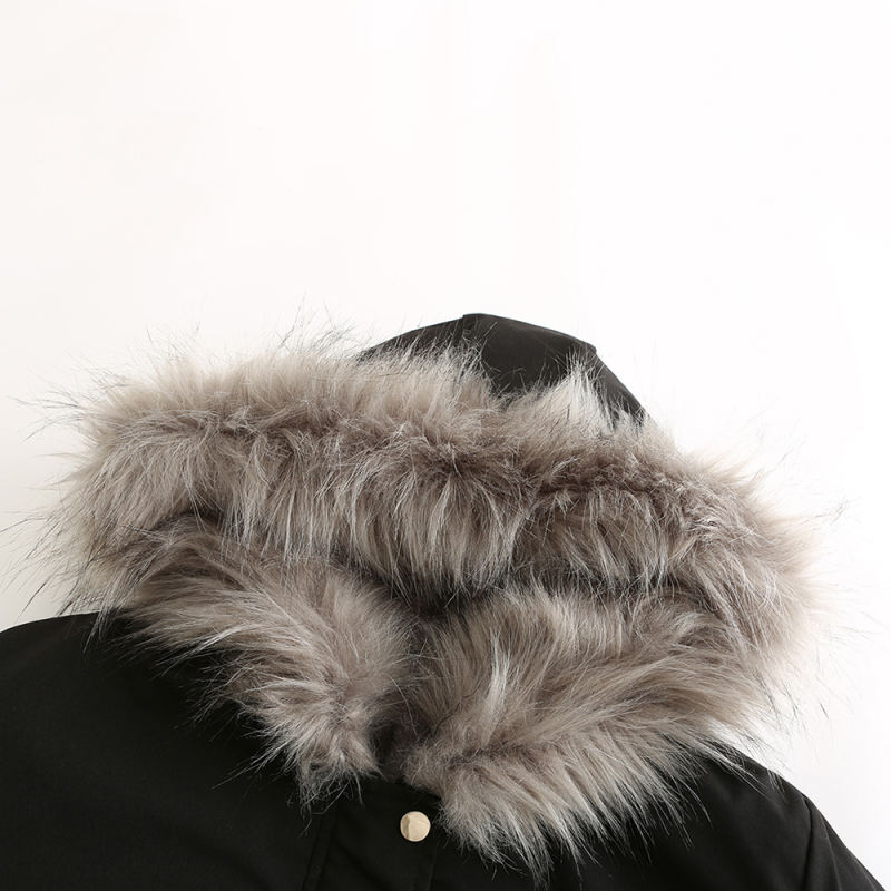 Black Fur Collar Drawstring Waist Warm Hooded Parka Coat TQK280130-2A