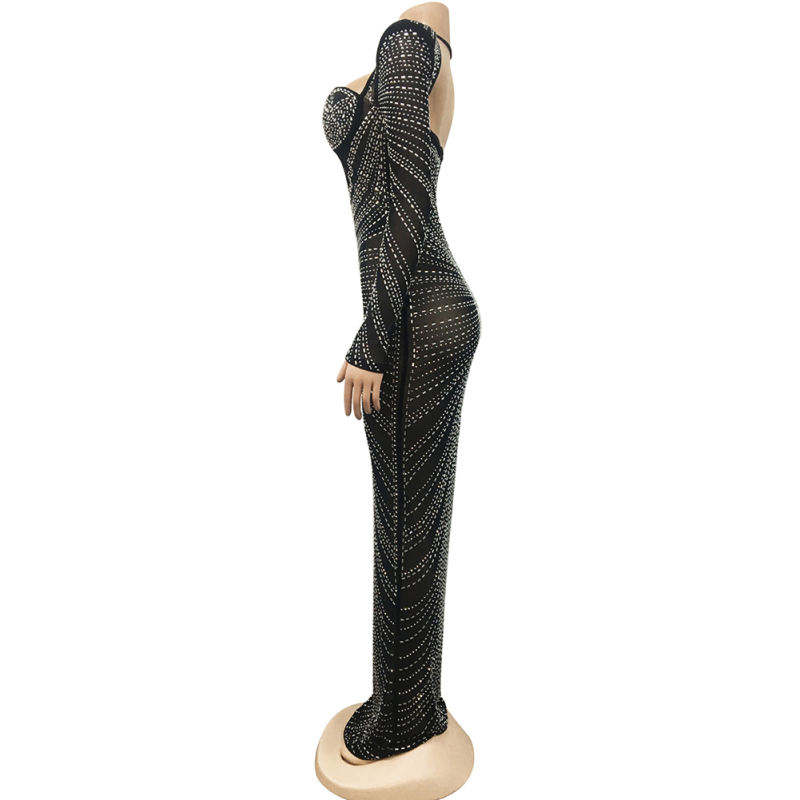 Black Padded Rhinestone Mesh Long Sleeve Maxi Dress TQK311267-2