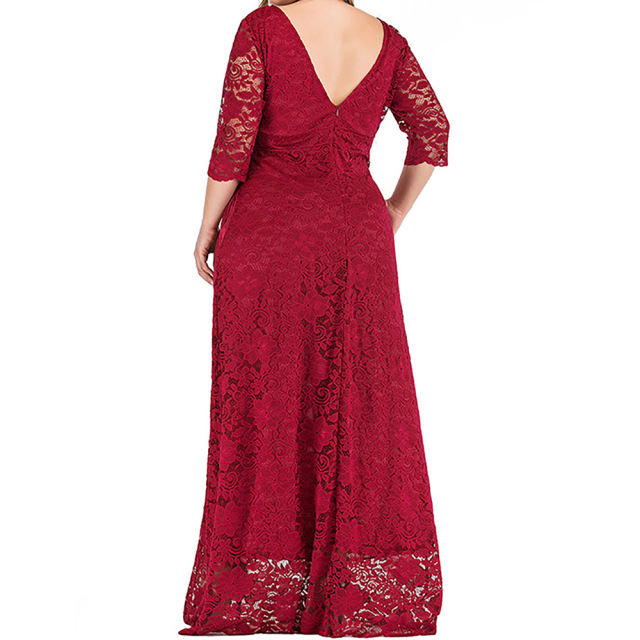 Wine Red 3/4 Sleeve High Waist Lace Plus Size Dress TQK310976-23