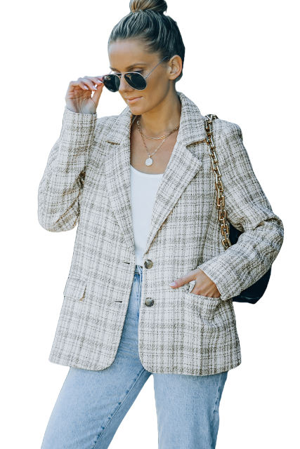 White Pockets Lapel Collar Plaid Blazer LC852357-1