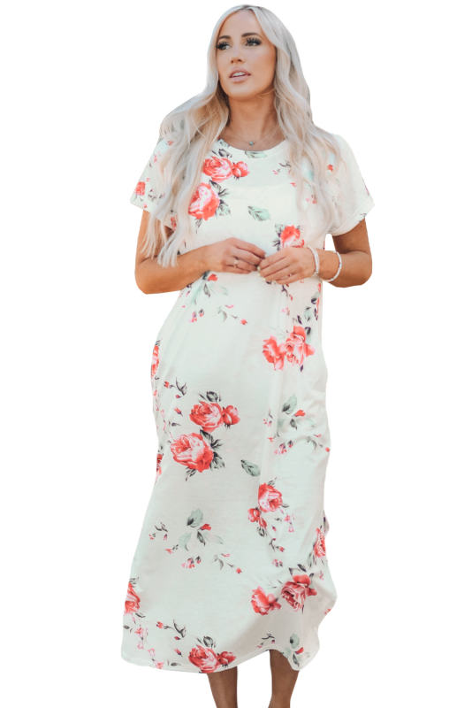 White Floral Print Side Slits T Shirt Dress LC619214-1