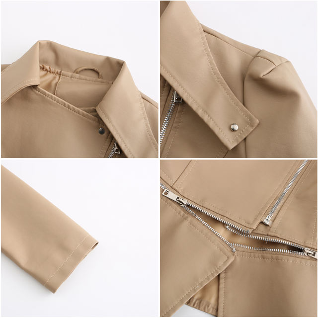 Apricot Removable Hem Leather PU Leather Jacket TQK280125-15